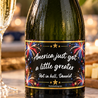 Anti-Trump champagne bottle label displayed on a sparkling wine bottle with gold foil, featuring red white and blue fireworks, elegant gold stars and the phrase America Just Got a Little Greater, Rot in Hell Donald. Patriotic political champagne sticker photographed with champagne glasses and festive party decorations.