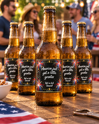 Anti-Trump patriotic beer bottle labels displayed on glass beer bottles at an outdoor party, featuring red white and blue fireworks, gold stars and the funny political phrase America Just Got a Little Greater, Rot in Hell Donald. Square political beer labels with people socializing in the background.