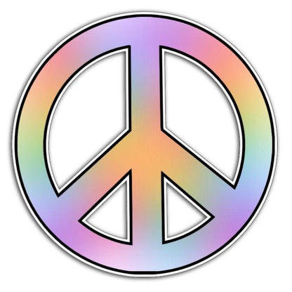 Pastel rainbow gradient peace sign with bold black outline, symbolizing anti-war, love, and unity.