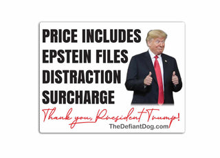 Sticker with a person in a suit and tie, text about 'Epstein files' and 'surcharge', on a white background.