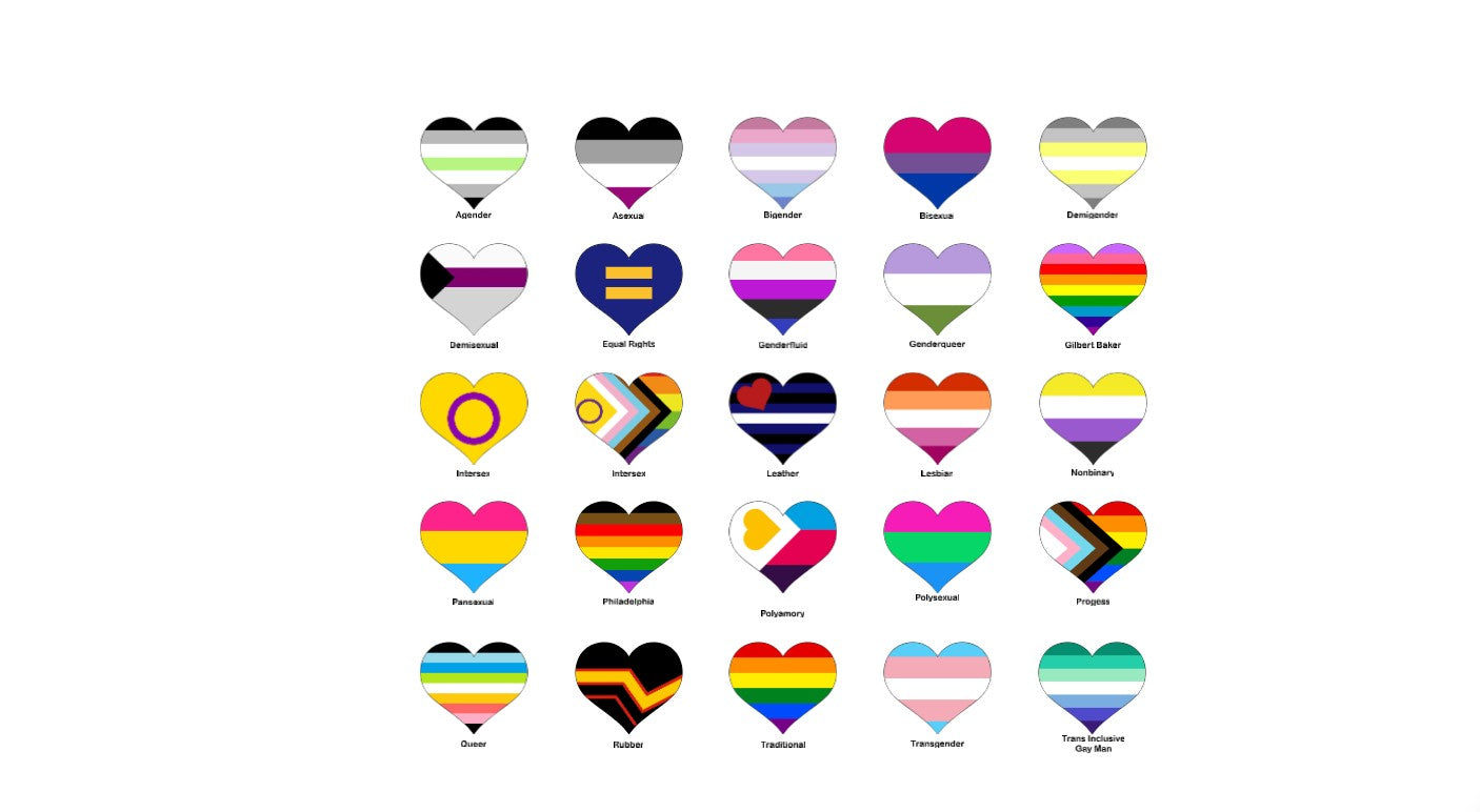 Collection of heart-shaped flags with various designs on a white background