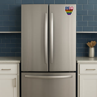 'PRE and C' magnet or vinyl decal displayed on a stainless steel refrigerator. A bold, high-quality political sticker perfect for cars, laptops, fridges, or toolboxes. Great for activists, protestors, or anyone fed up with fascism.