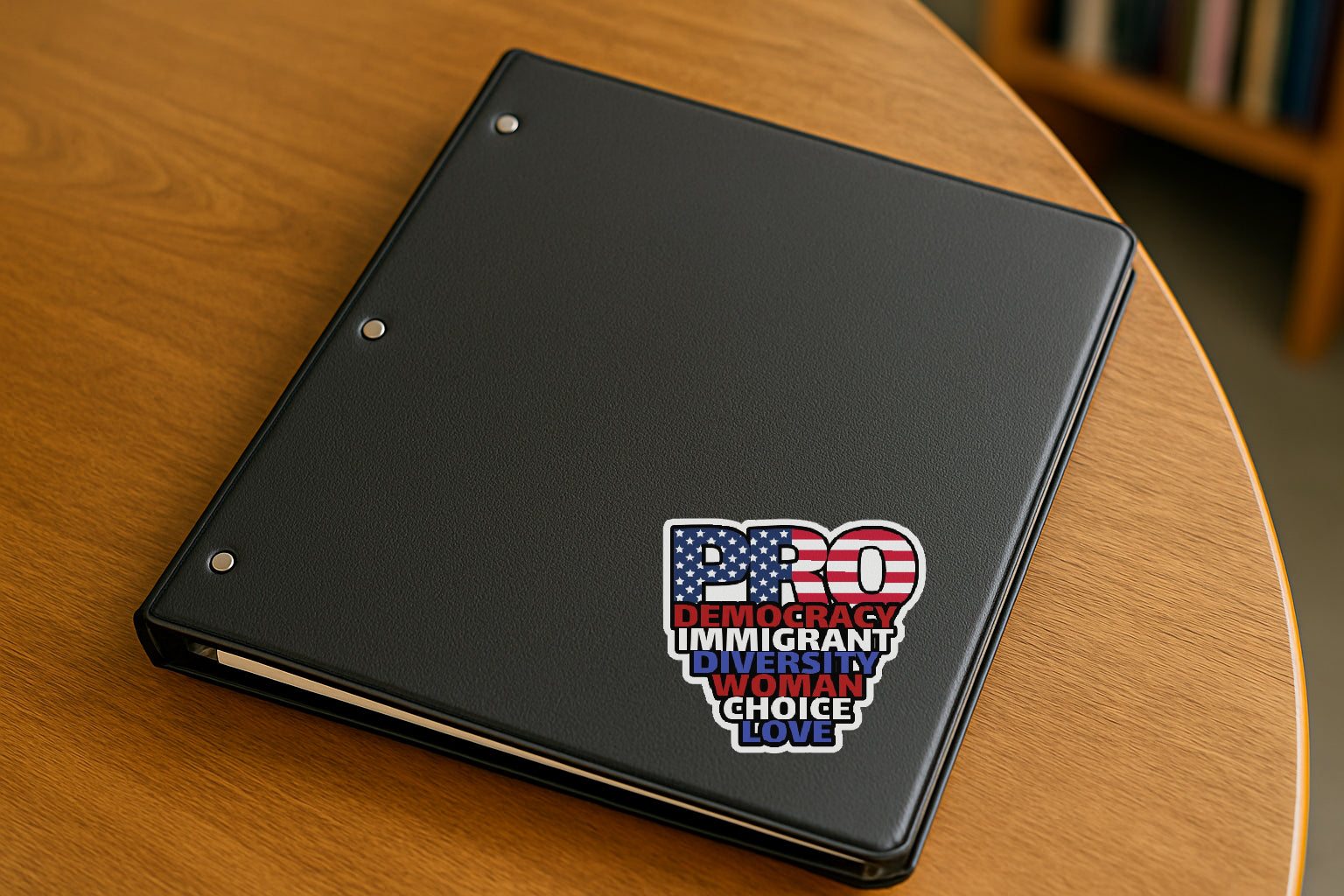 Pro Democacry pro immigrant pro diversity pro woman pro choice pro love magnet or vinyl decal displayed with a slight shadow on a white background. A bold, high-quality political sticker perfect for cars, laptops, fridges, or toolboxes. Great for activists, protestors, or anyone fed up with fascism.