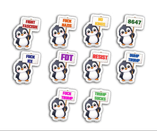 Set of penguin stickers with various protest signs on a white background