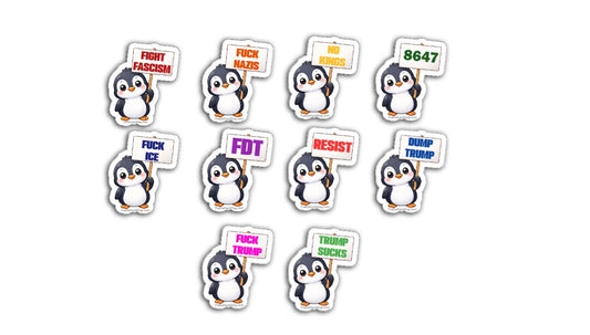 Set of penguin stickers with various protest signs on a white background