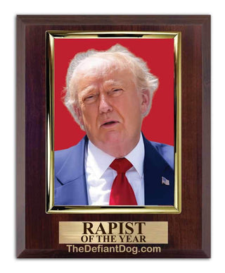 Plaque with a portrait of a Donald Trump on a red background, labeled 'Rapist of the Year'.