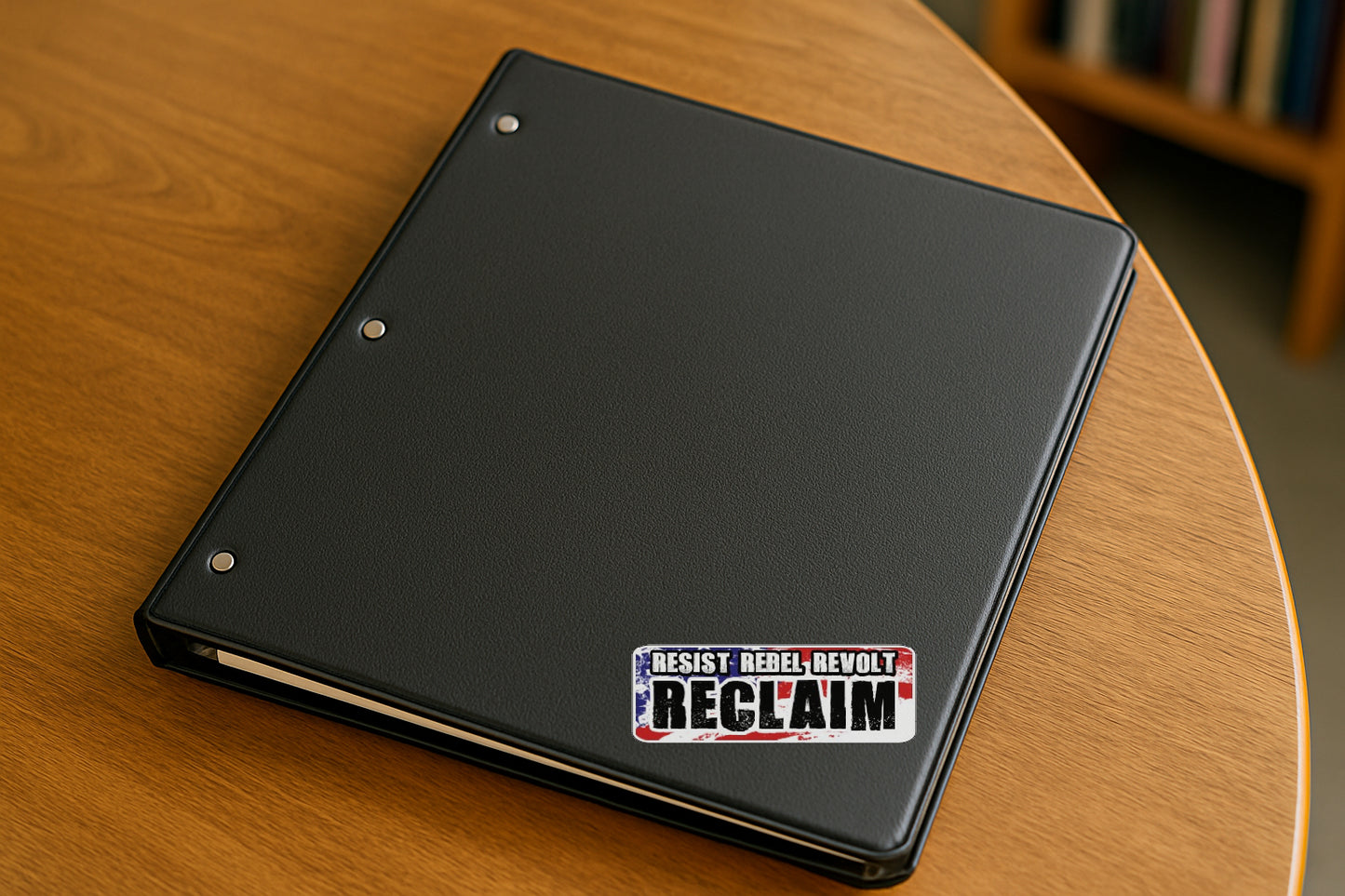 Resist Rebel Revolt Reclaim' magnet or vinyl decal displayed on a black binder in a library. A bold, high-quality political sticker perfect for cars, laptops, fridges, or toolboxes. Great for activists, protestors, or anyone fed up with fascism.