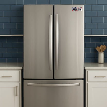 'Resist Rebel Revolt Reclaim' magnet or vinyl decal displayed on a stainless steel refrigerator. A bold, high-quality political sticker perfect for cars, laptops, fridges, or toolboxes. Great for activists, protestors, or anyone fed up with fascism.