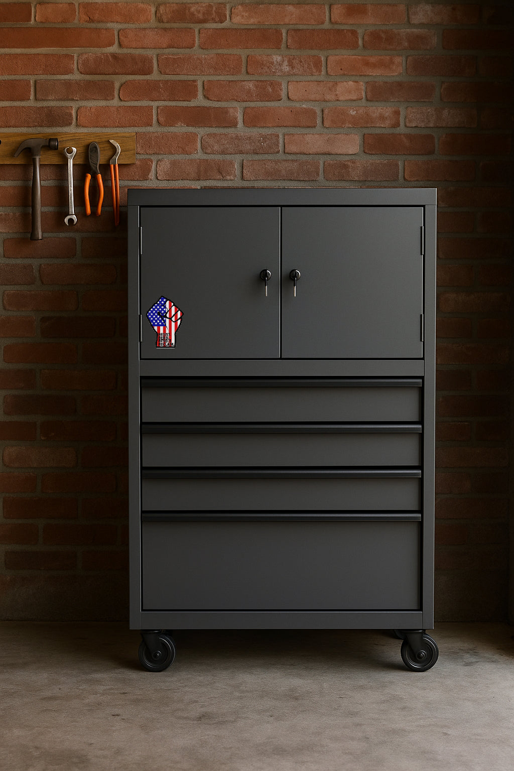 Resist Rebel Revolt Reclaim' magnet or vinyl decal displayed on a black tool cabinet. A bold, high-quality political sticker perfect for cars, laptops, fridges, or toolboxes. Great for activists, protestors, or anyone fed up with fascism.