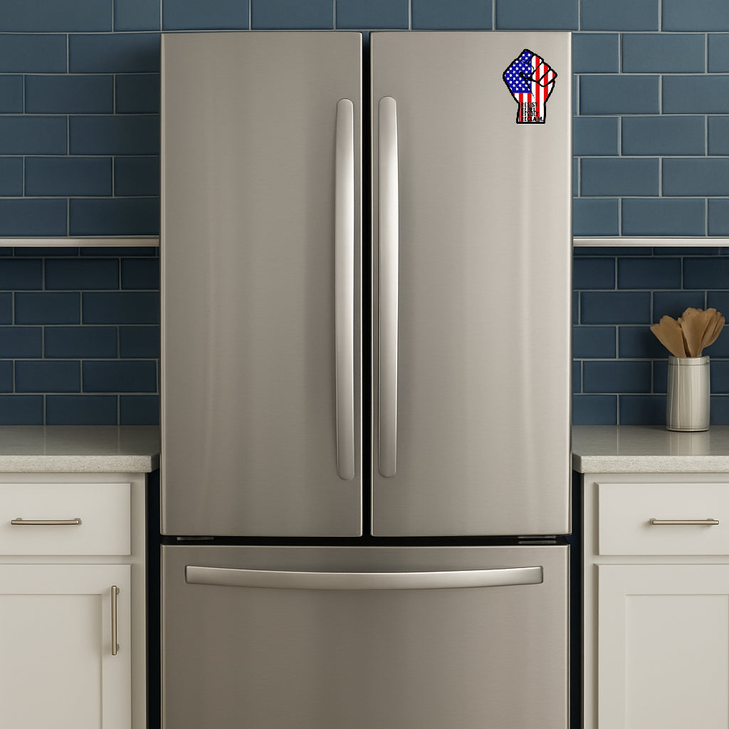 'Resist Rebel Revolt Reclaim' magnet or vinyl decal displayed on a stainless steel refrigerator. A bold, high-quality political sticker perfect for cars, laptops, fridges, or toolboxes. Great for activists, protestors, or anyone fed up with fascism.
