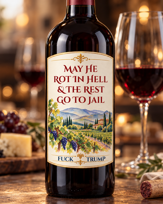 Anti Trump wine bottle label on red wine featuring May He Rot in Hell and the Rest Go to Jail with Fuck Trump political message.