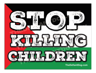 Free Palestine Stop Killing Children lawn sign displayed on metal stakes beside a suburban road, advocating for Gaza ceasefire and Palestinian human rights.