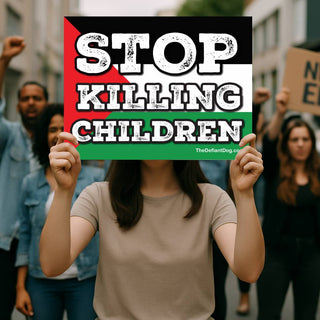 Demonstrator holding Stop Killing Children Palestinian flag protest sign at a peaceful solidarity rally calling attention to children in Gaza.