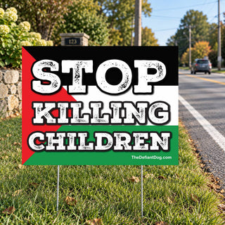 Stop Killing Children Palestine protest yard sign featuring distressed white lettering and red, black, white, and green Palestinian flag design.