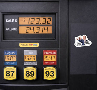 Jon Husted and Donald Trump I Did That And I Helped political protest sticker displayed on the side of a black gas pump next to the fuel price display.