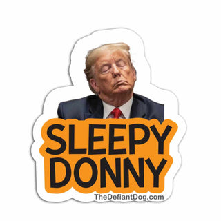 Sticker with a cartoon depiction of a tired-looking Donald Trump labeled 'Sleepy Donny' on a white background.