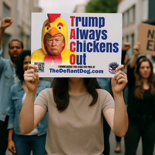 Person holding a protest sign with a cartoon chicken and text, with blurred people in the background.