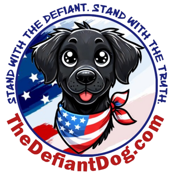 Illustration of a black dog with an American flag bandana on a white background