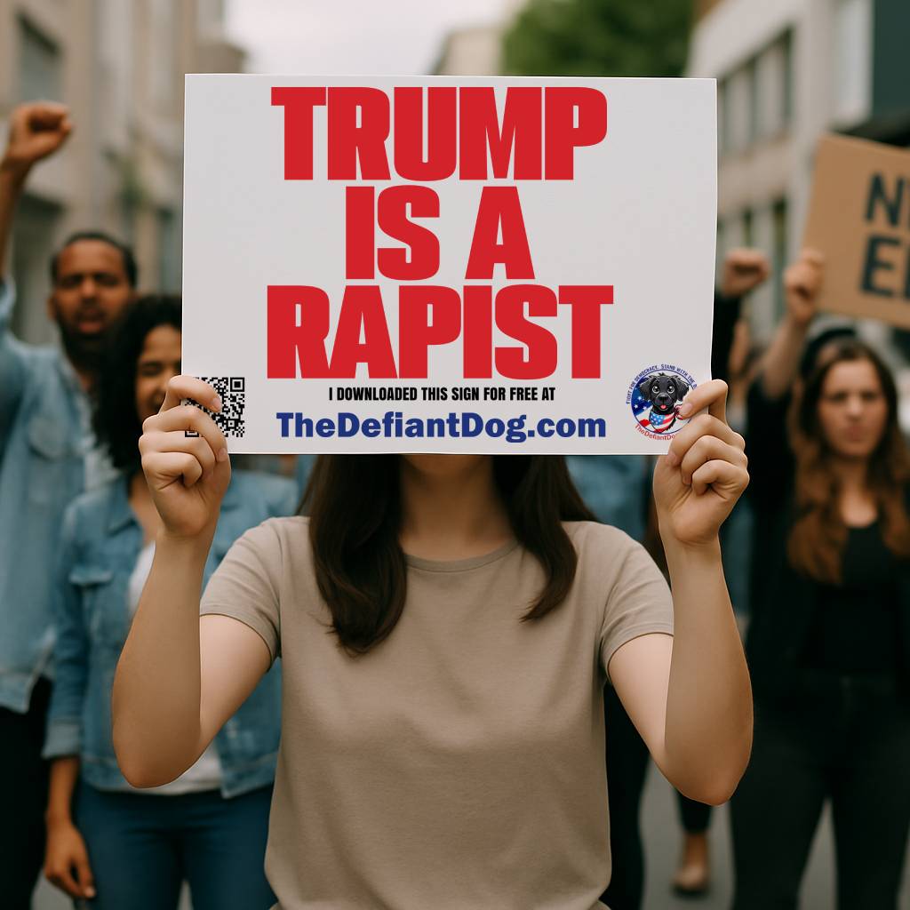 Trump is a rapist sign being held at a protest