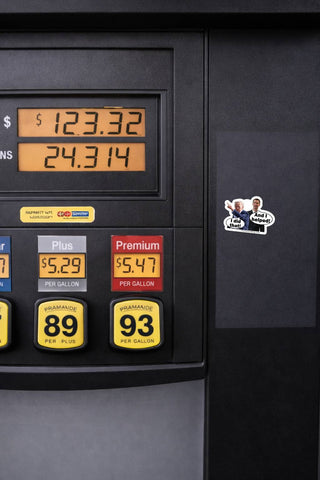 Anti Trump political sticker showing Donald Trump pointing with I did that speech bubble and Tom Cotton saying And I helped gas pump meme vinyl decal on fuel pump background