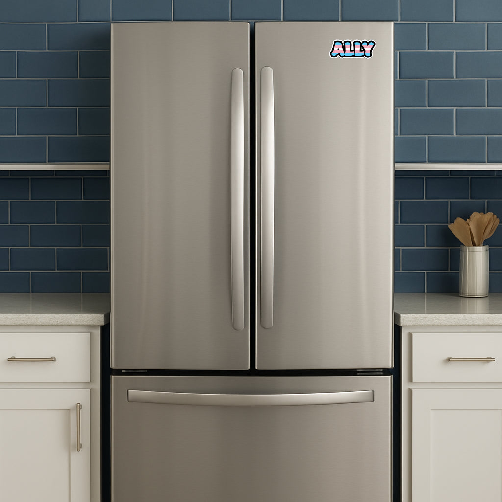 'Trans Pride Ally' magnet or vinyl decal displayed on a stainless steel refrigerator. A bold, high-quality political sticker perfect for cars, laptops, fridges, or toolboxes. Great for activists, protestors, or anyone fed up with fascism.