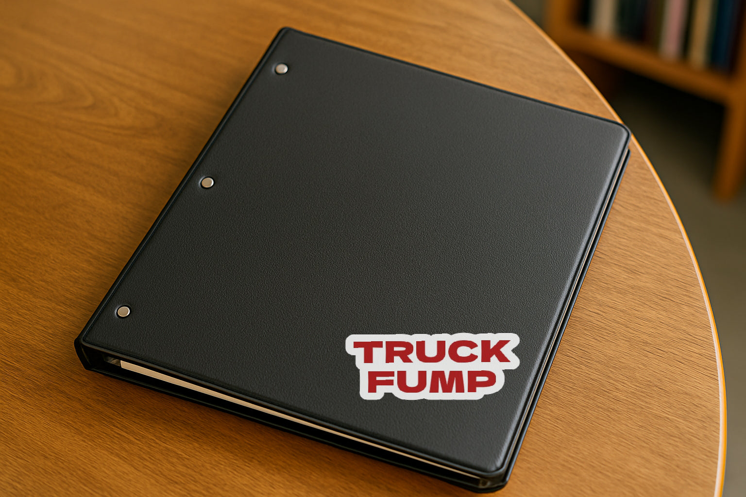 Truck Fump' magnet or vinyl decal displayed on a black binder in a library. A bold, high-quality political sticker perfect for cars, laptops, fridges, or toolboxes. Great for activists, protestors, or anyone fed up with fascism.