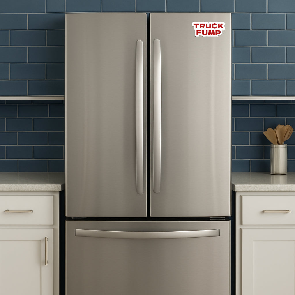 'Truck Fump' magnet or vinyl decal displayed on a stainless steel refrigerator. A bold, high-quality political sticker perfect for cars, laptops, fridges, or toolboxes. Great for activists, protestors, or anyone fed up with fascism.