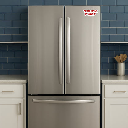 'Truck Fump' magnet or vinyl decal displayed on a stainless steel refrigerator. A bold, high-quality political sticker perfect for cars, laptops, fridges, or toolboxes. Great for activists, protestors, or anyone fed up with fascism.
