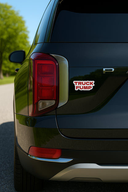 'Truck Fump' magnet or vinyl decal displayed on the back of a black SUV. A bold, high-quality political sticker perfect for cars, laptops, fridges, or toolboxes. Great for activists, protestors, or anyone fed up with fascism.