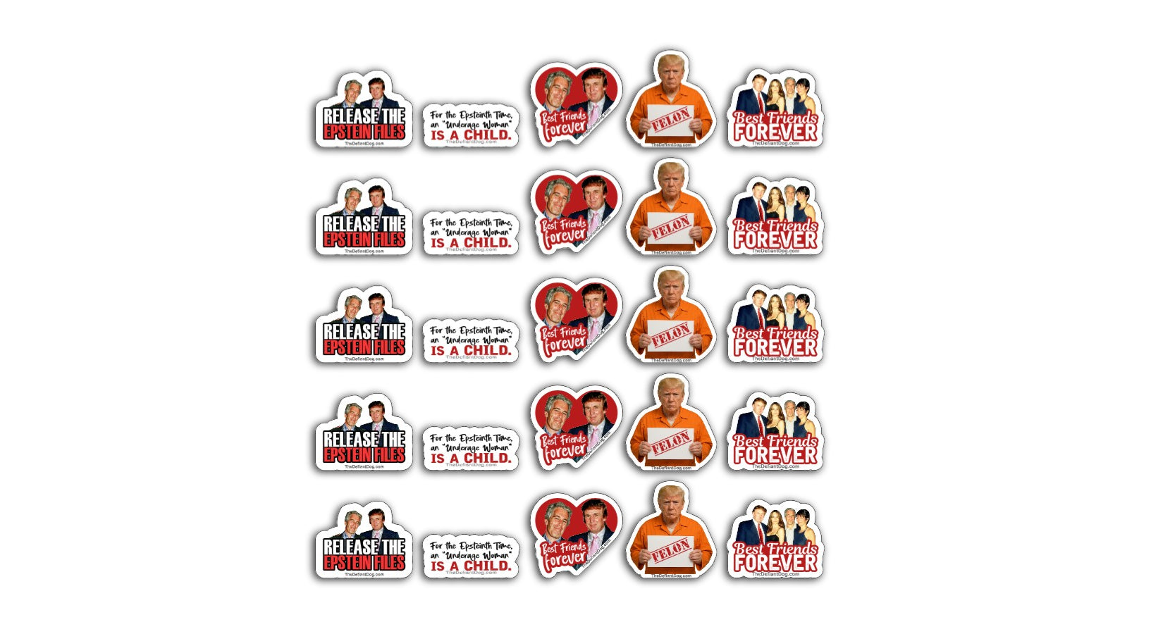 Sticker pack featuring 20 anti-Trump and Epstein-themed vinyl decals with bold political statements like “Release the Epstein Files” and “FELON.”