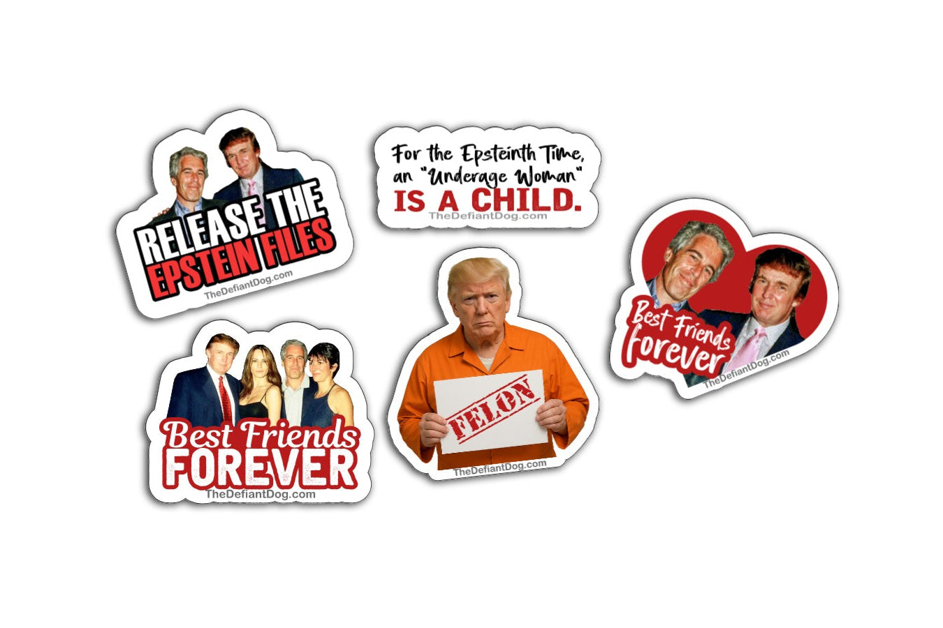 Sticker pack featuring 20 anti-Trump and Epstein-themed vinyl decals with bold political statements like “Release the Epstein Files” and “FELON.”
