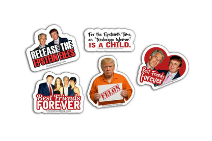 Sticker pack featuring 20 anti-Trump and Epstein-themed vinyl decals with bold political statements like “Release the Epstein Files” and “FELON.”