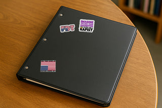 20-piece anti-Trump vinyl sticker pack featuring bold political messages, protest slogans, and resistance designs from TheDefiantDog.com on binder in college library