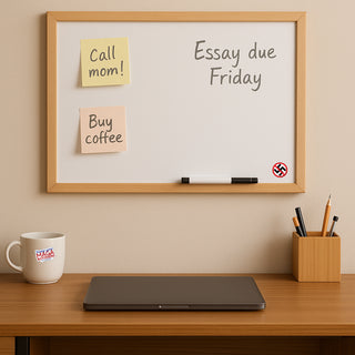 20-piece anti-Trump vinyl sticker pack featuring bold political messages, protest slogans, and resistance designs from TheDefiantDog.com on whiteboard by desk