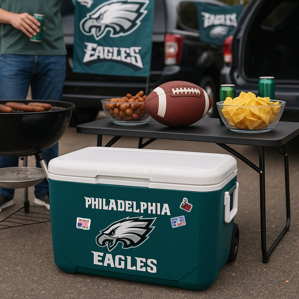20-piece anti-Trump vinyl sticker pack featuring bold political messages, protest slogans, and resistance designs from TheDefiantDog.com on Philadelphia eagles cooler at a tailgate party.