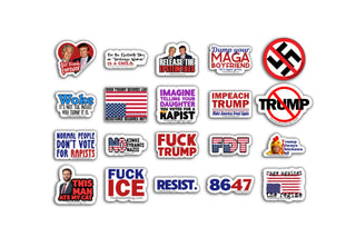 20-piece anti-Trump vinyl sticker pack featuring bold political messages, protest slogans, and resistance designs from TheDefiantDog.com.