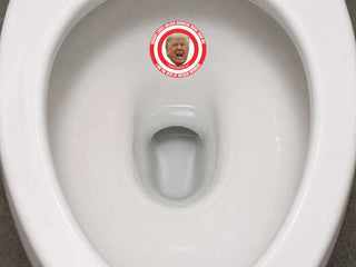 Trump urinal target political novelty sticker applied inside the bowl of a public restroom toilet.