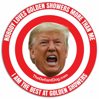 Trump urinal target sticker featuring a political satire target design with humorous text displayed on a white background.