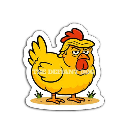 Cartoon chicken with a red comb on a white background, featuring the brand 'The Defiant Dog'.