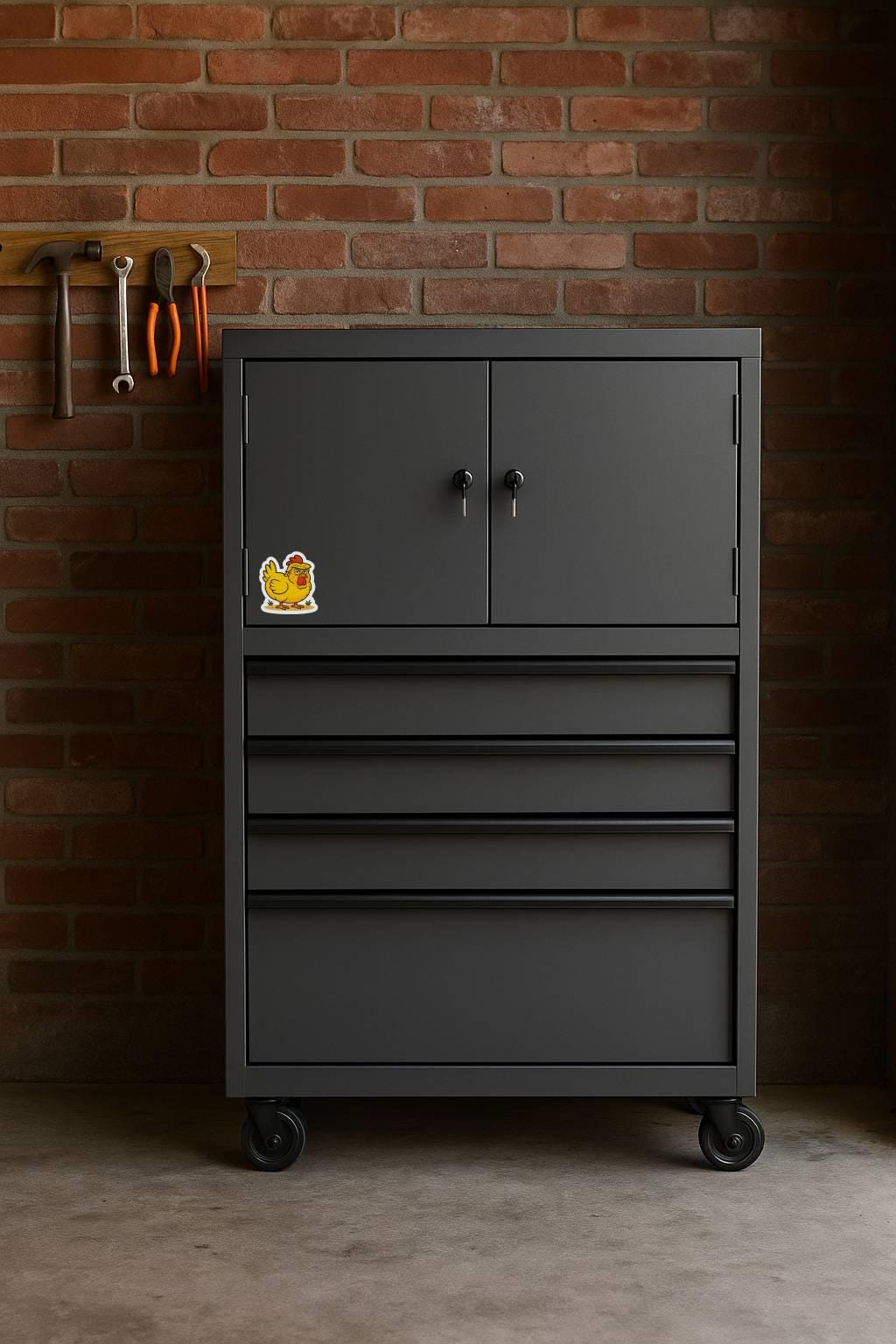 Cartoon chicken with a red comb on a white background, featuring the brand 'The Defiant Dog' on a tool cabinet