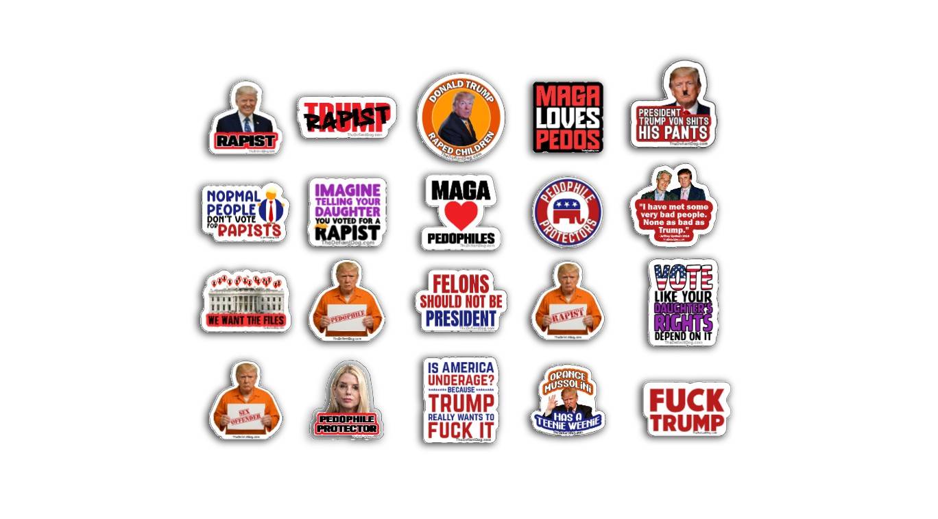 Collection of political-themed stickers on a white background