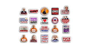 Collection of political-themed stickers on a white background