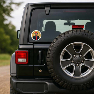 Political parody sticker featuring a clown-faced Trump with rainbow wig, halo, and red tie displayed on a Jeep rear window, showing suitability for vehicle windows and outdoor use.