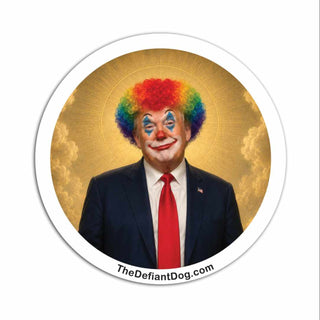 Circular sticker with Donald Trump wearing a clown wig and suit on a gold background, featuring 'TheDefiantDog.com'.