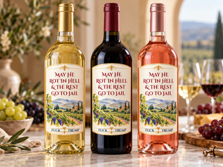 May He Rot in Hell anti Trump wine labels displayed on white wine, red wine and rosé bottles with elegant vineyard-inspired political design.