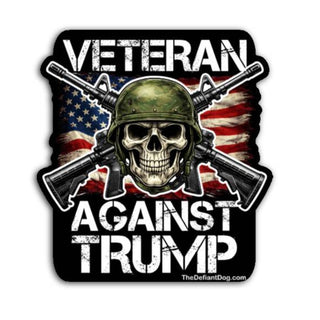 Veteran Against Trump skull helmet crossed rifles American flag political protest sticker design