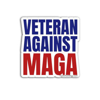 Veteran Against MAGA sticker design in bold red and blue stacked block lettering on a white background with subtle drop shadow.