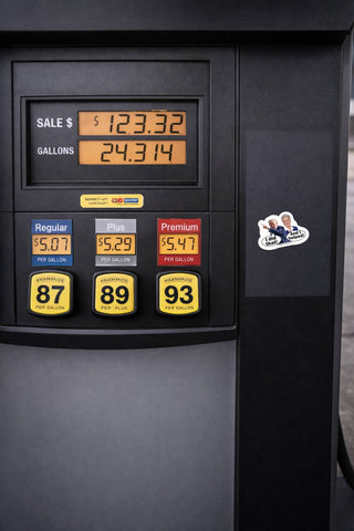 Virginia Foxx and Donald Trump political sticker displayed on a gas pump, featuring the phrases “I did that!” and “And I helped!”