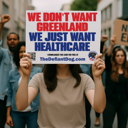 Person holding a protest sign with text 'WE DON'T WANT GREENLAND WE JUST WANT HEALTHCARE' at an outdoor event.