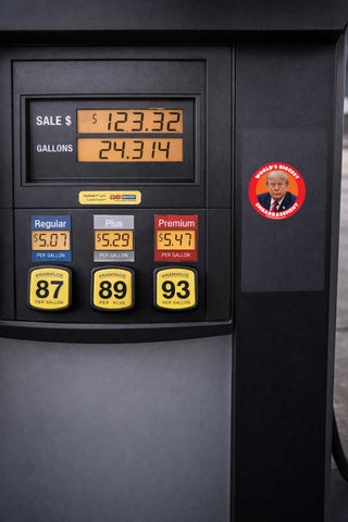 Close-up of a black gas pump display showing sale price, gallons, and three fuel options labeled Regular 87, Plus 89, and Premium 93, with a circular 'World's Biggest embarrassment' Trump sticker on the side.